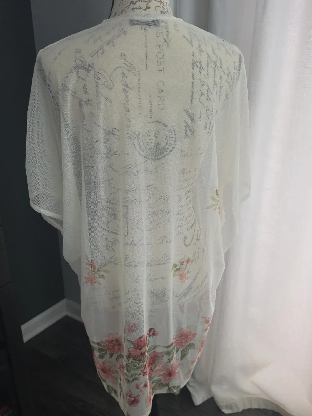 Sheer Floral Kimono Cover-Up - White with Pink Roses